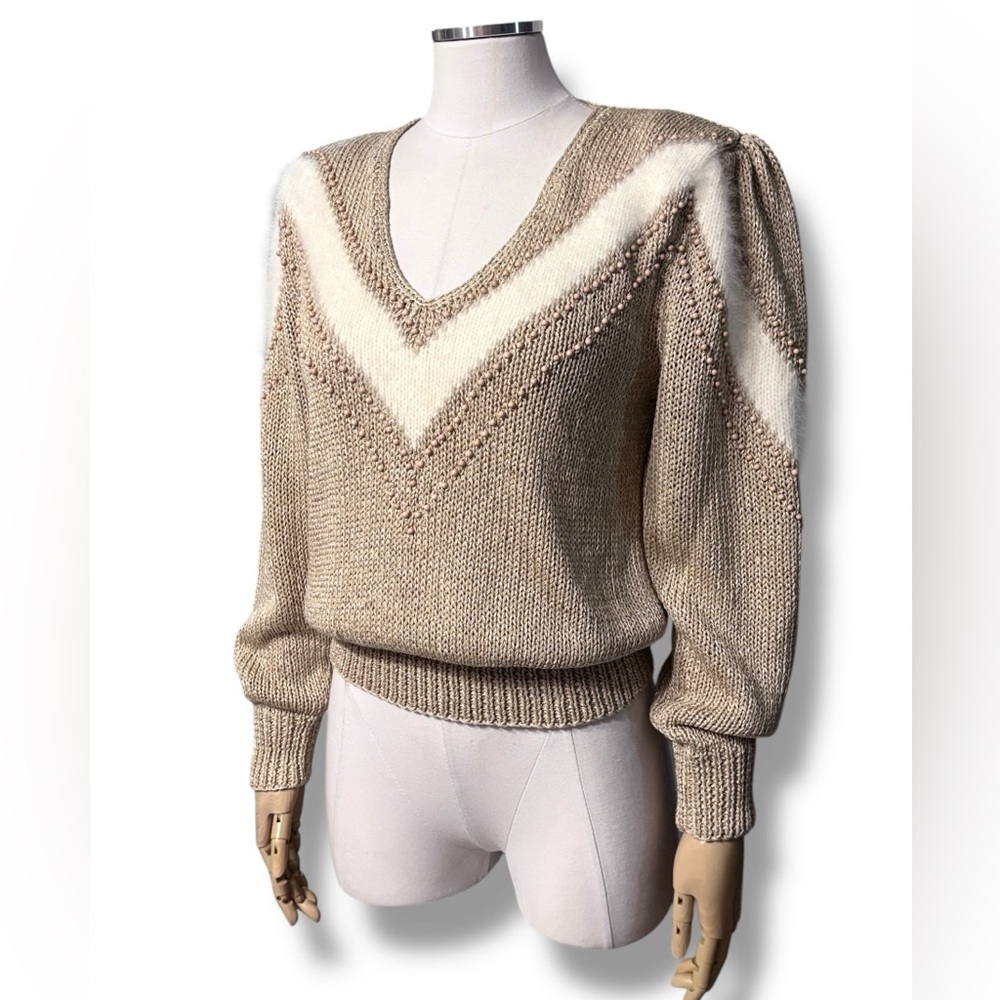 STAGG Tan V Neck Puff Sleeve Sweater Angora & Bead Accents VINTAGE